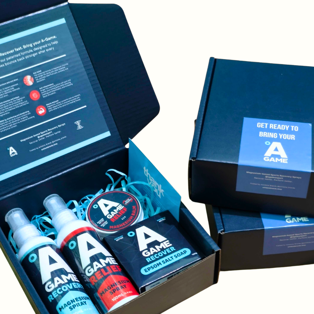A-GAME Magnesium Gift Set – Muscle Recovery Spray, Pain Relief Spray, Balm & Epsom Salt Soap